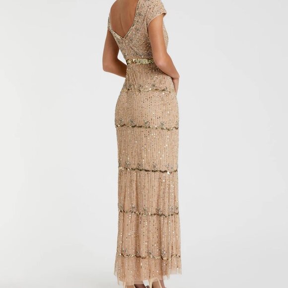 Mac Duggal Beige Cap Sleeve Sweetheart Neckline Beaded Sequin Size 12 - Picture 3 of 4